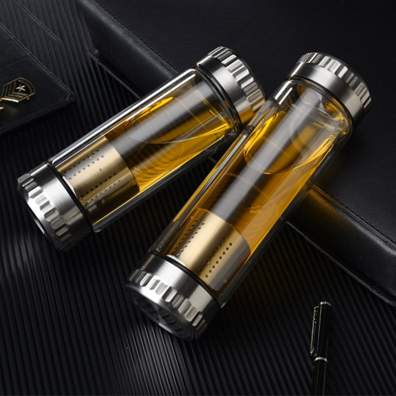 400ML Business Type Water Bottle Glass Bottle with Stainless Steel Tea Infuser Filter Double Wall Glass Sport Water Tumbler