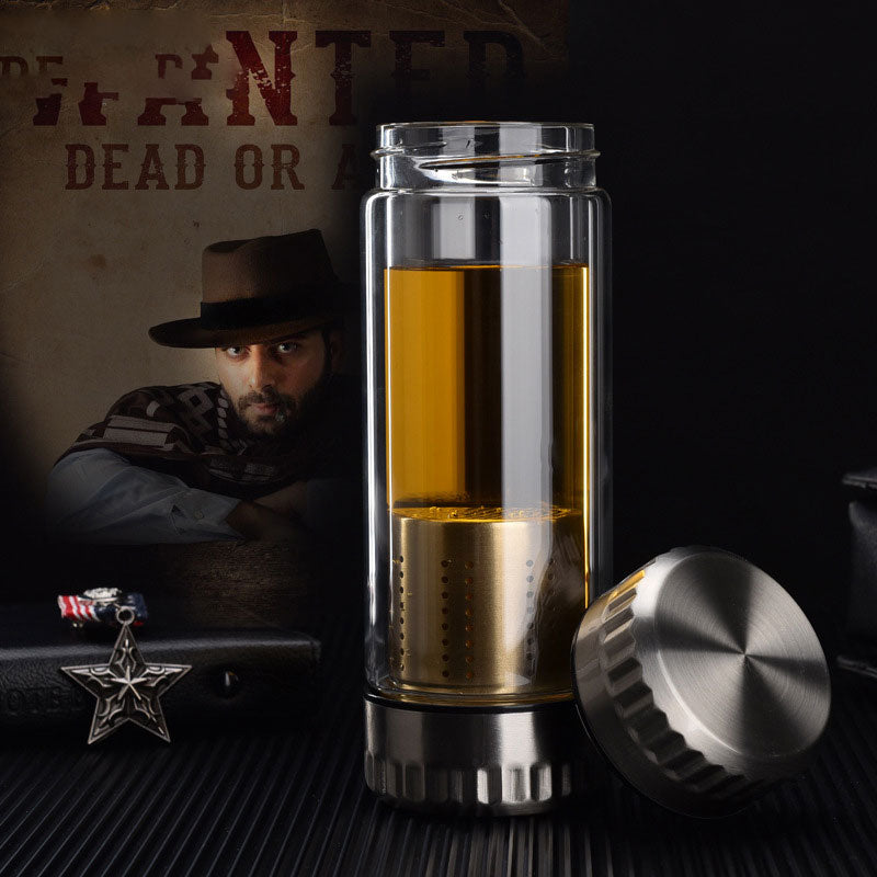 400ML Business Type Water Bottle Glass Bottle with Stainless Steel Tea Infuser Filter Double Wall Glass Sport Water Tumbler