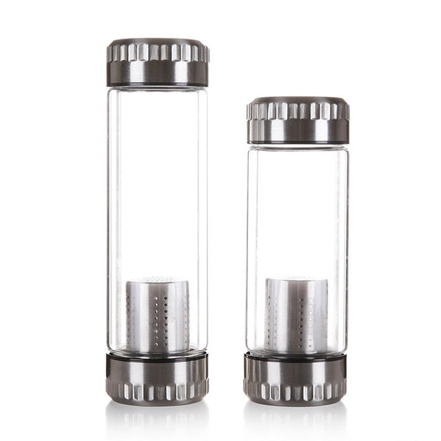 400ML Business Type Water Bottle Glass Bottle with Stainless Steel Tea Infuser Filter Double Wall Glass Sport Water Tumbler